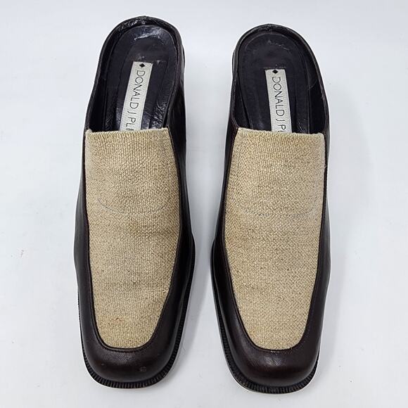 Donald J. Pliner Mules Women 7.5M ISA Brown Leather and Tan Fabric Block Heel - Picture 3 of 10